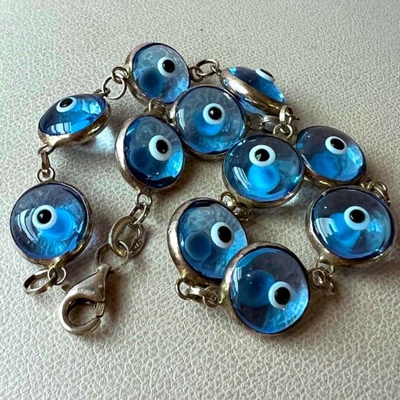 VINTAGE STERLING SILVER BLUE EVIL EYE PROTECTION BRACELET SOLID MADE BEAUTIFUL - Picture 5 of 16
